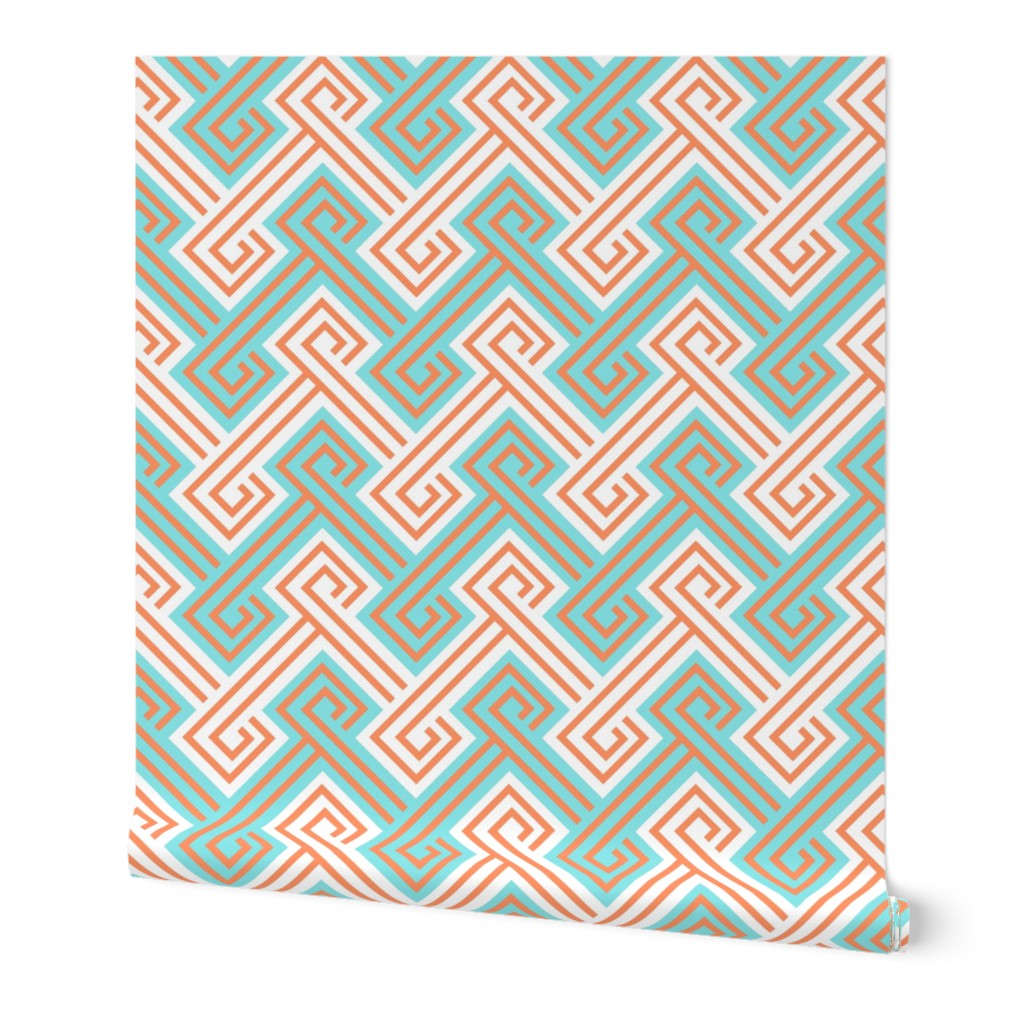 Athena Greek Key in Aqua and Tangerine