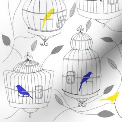 Blue and Yellow Birds and Cages