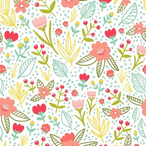 Abstract floral pattern with red berries and bright flowers