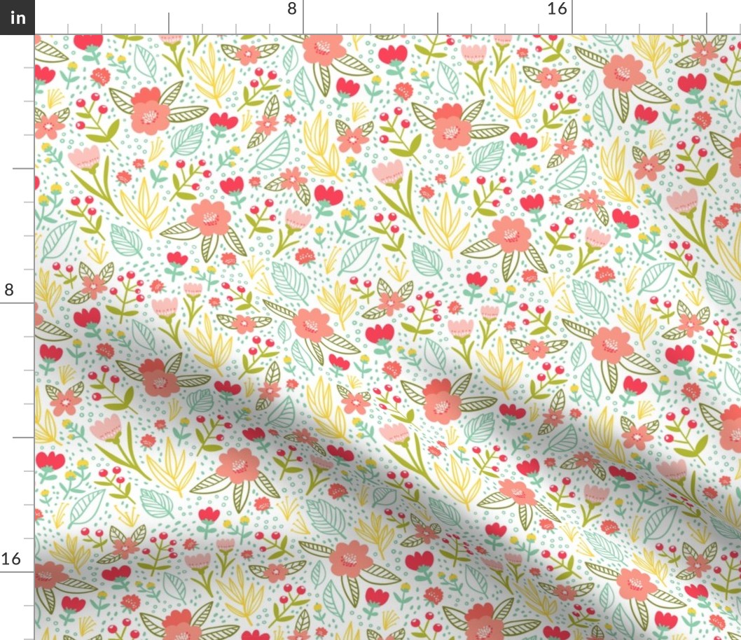 Abstract floral pattern with red berries and bright flowers