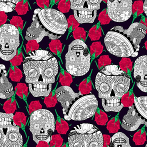 Calaveras_Black_and_white_with_red_roses_on_Deep_Purple