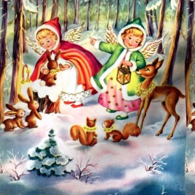 vintage Merry Christmas angels cherubs trees stars forest woods deer gifts presents festive celebration snow rabbits bunnies bunny squirrels chipmunks