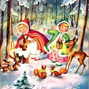 vintage Merry Christmas angels cherubs trees stars forest woods deer gifts presents festive celebration snow rabbits bunnies bunny squirrels chipmunks