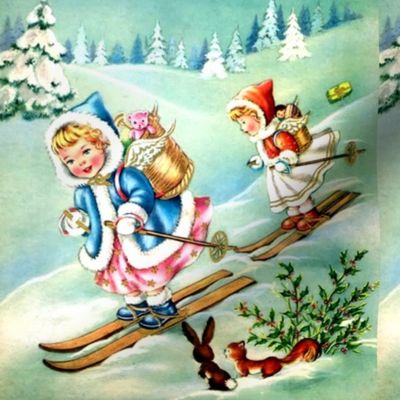 retro merry Christmas angels cherubs winter snow alps mountain alpine hills skis skiing trees forests squirrels rabbits mistletoe toys gifts presents