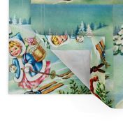 retro merry Christmas angels cherubs winter snow alps mountain alpine hills skis skiing trees forests squirrels rabbits mistletoe toys gifts presents