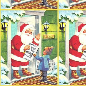 vintage retro kids Santa Claus snow trees Merry Christmas paper boy children winter holidays festive celebration whimsical newspapers