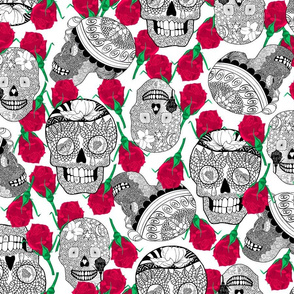 Calaveras_Black_and_white_with_red_roses_on_White