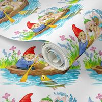 vintage kids elf elves gnomes pixies dwarfs imps fairies fairy fae acorn boating sailing pond river fish flowers grass woodlands children fish 