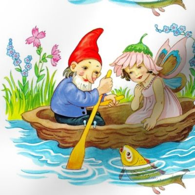 vintage kids elf elves gnomes pixies dwarfs imps fairies fairy fae acorn boating sailing pond river fish flowers grass woodlands children fish 