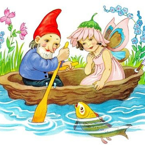 vintage kids elf elves gnomes pixies dwarfs imps fairies fairy fae acorn boating sailing pond river fish flowers grass woodlands children fish 