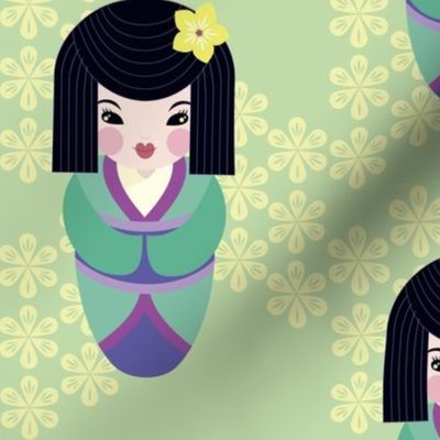 kokeshi dolls in spring green