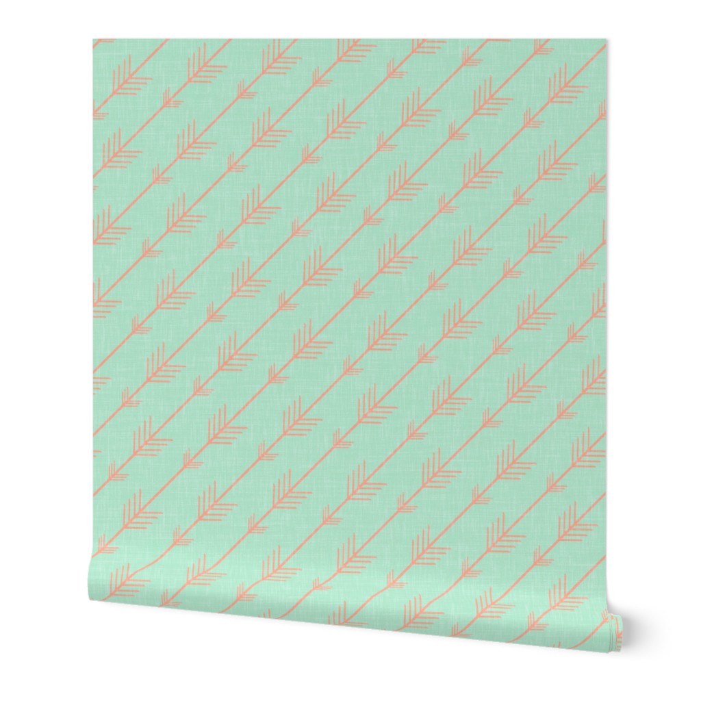 Arrows in Coral on Mint Linen