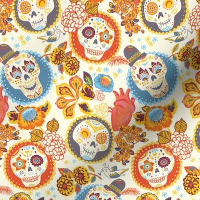 Día de los muertos  - skull fabric gold