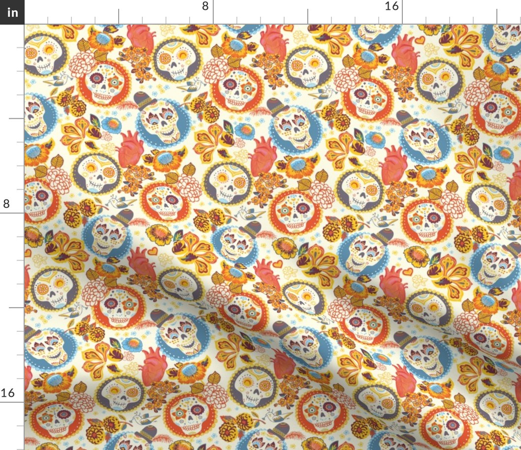 Día de los muertos  - skull fabric gold