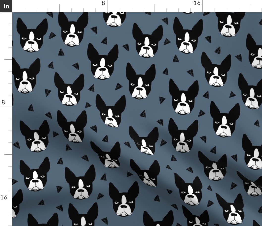 boston terriers // boston terrier dog breed blue grey kids cute dog faces dog head dogs fabric