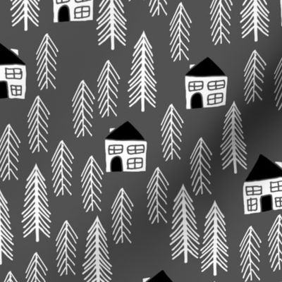cabin // forest trees fir tree charcoal forest house