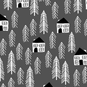 cabin // forest trees fir tree charcoal forest house