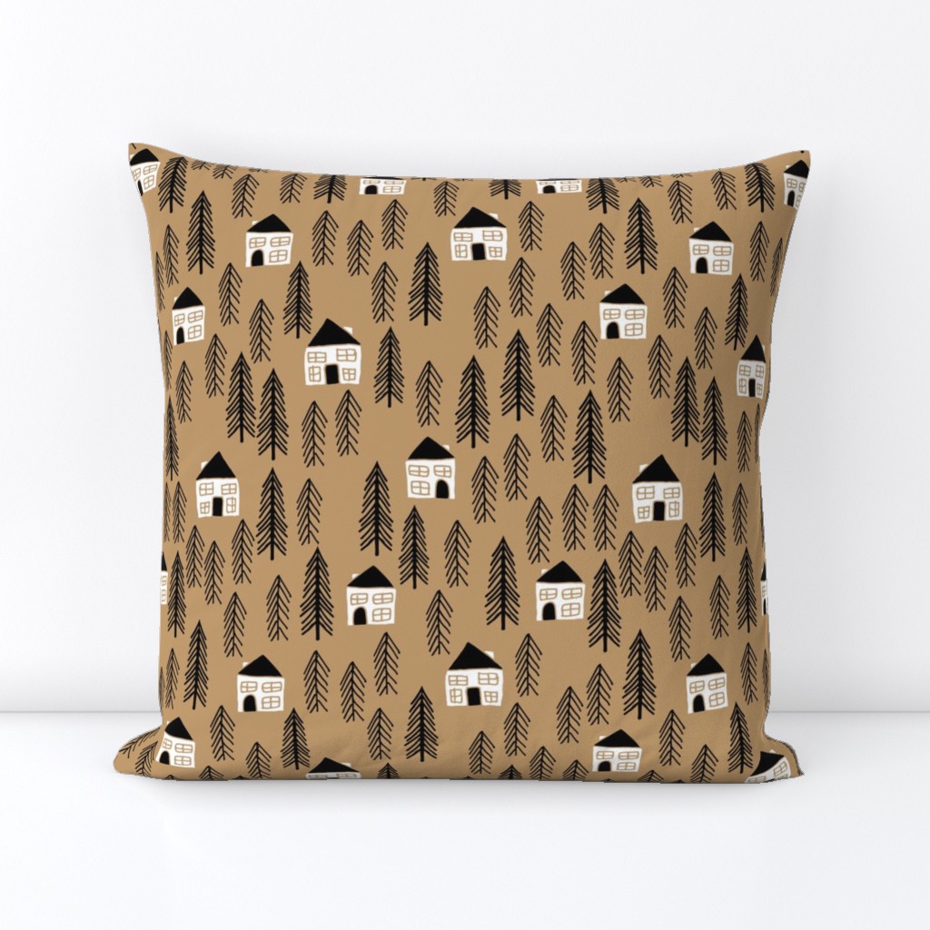 cabin // forest trees black and white outdoors brown khaki 