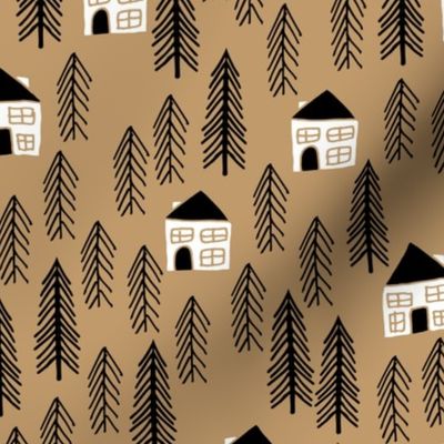 cabin // forest trees black and white outdoors brown khaki 