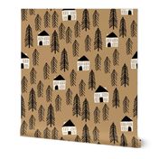 cabin // forest trees black and white outdoors brown khaki 