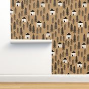 cabin // forest trees black and white outdoors brown khaki 