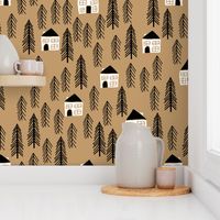 cabin // forest trees black and white outdoors brown khaki 