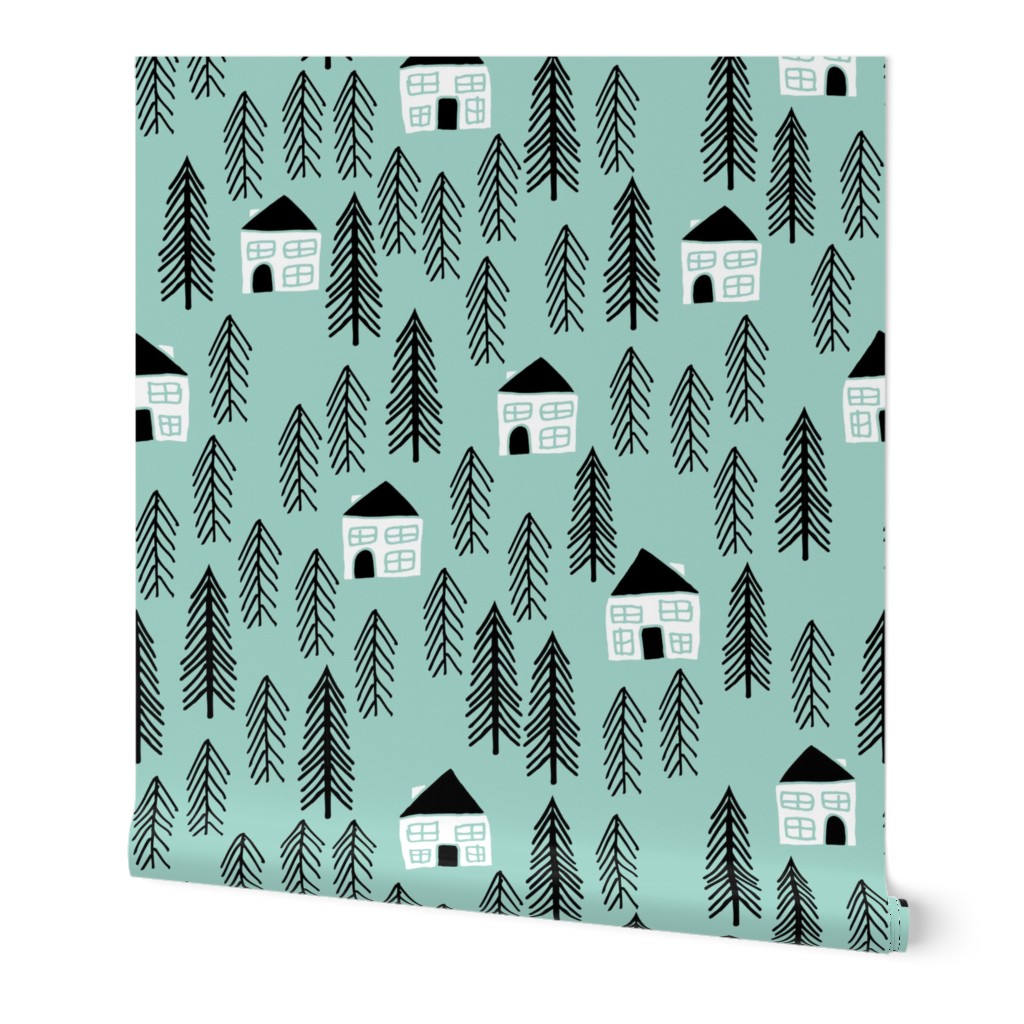 cabin // mint forest trees kids nursery baby black and white outdoors camping