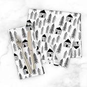 cabin // forest trees black and white kids forest woodland camping outdoors