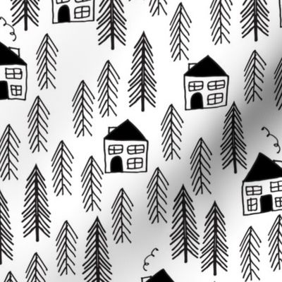 cabin // forest trees black and white kids forest woodland camping outdoors