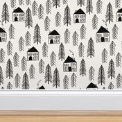 cabin // forest trees black and white kids forest woodland camping outdoors