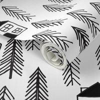 cabin // forest trees black and white kids forest woodland camping outdoors