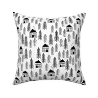 cabin // forest trees black and white kids forest woodland camping outdoors