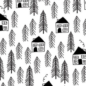 cabin // forest trees black and white kids forest woodland camping outdoors