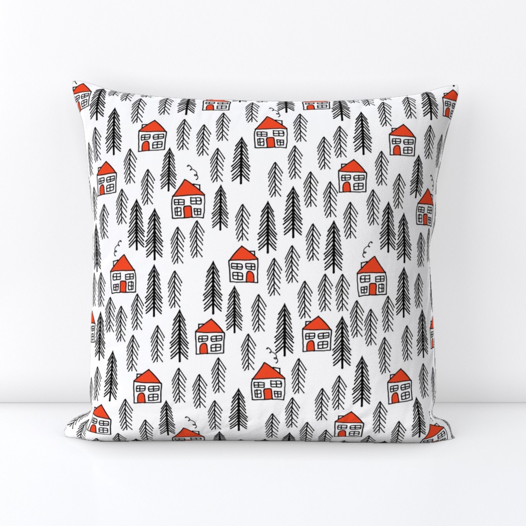 cabin fabric // forest fir tree forest trees black and white cute cabin