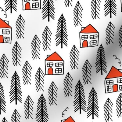 cabin fabric // forest fir tree forest trees black and white cute cabin