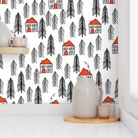 cabin fabric // forest fir tree forest trees black and white cute cabin