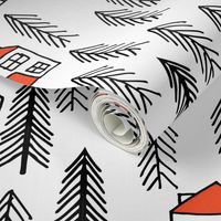 cabin fabric // forest fir tree forest trees black and white cute cabin