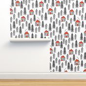 cabin fabric // forest fir tree forest trees black and white cute cabin