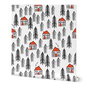 cabin fabric // forest fir tree forest trees black and white cute cabin