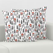 cabin fabric // forest fir tree forest trees black and white cute cabin