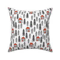 cabin fabric // forest fir tree forest trees black and white cute cabin