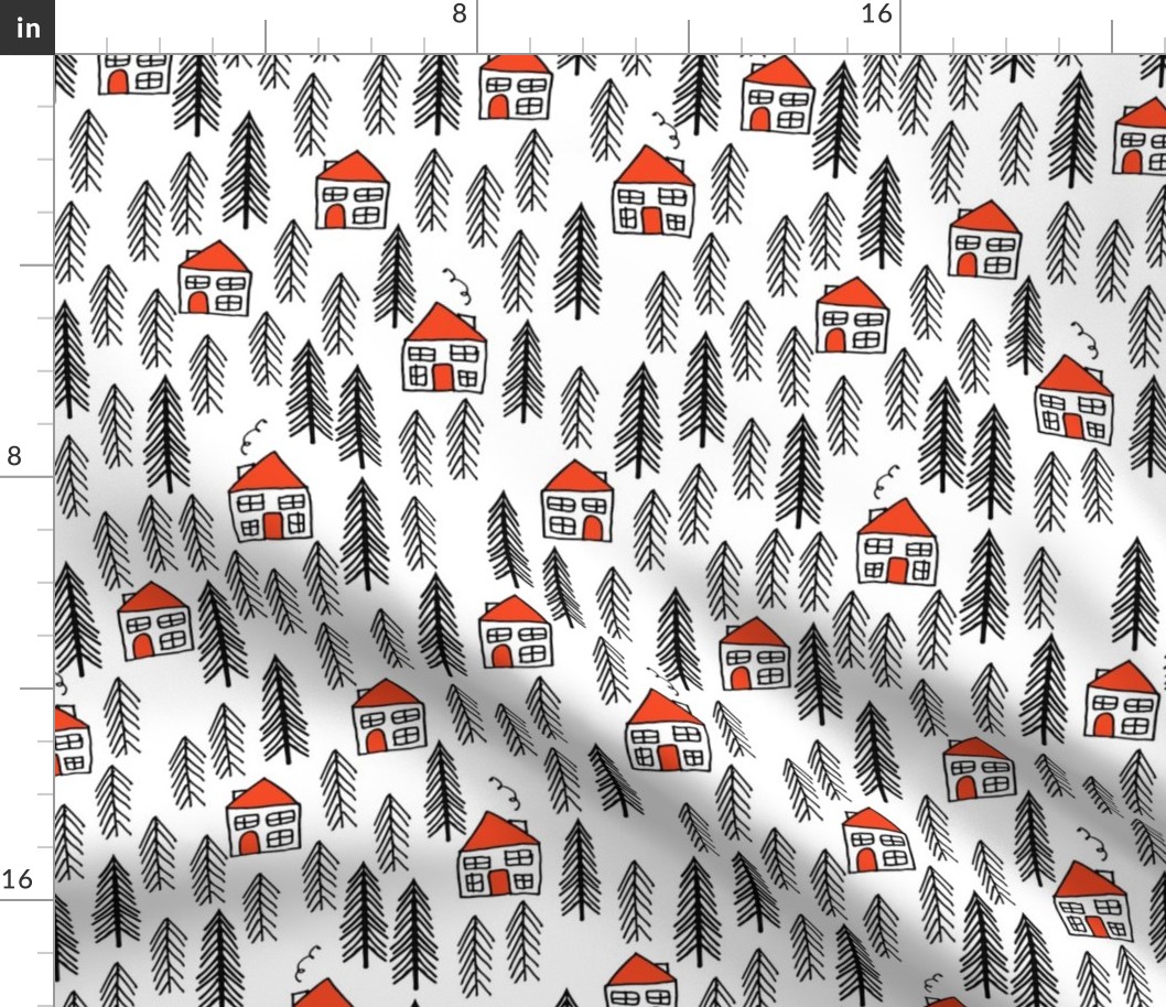 cabin fabric // forest fir tree forest trees black and white cute cabin