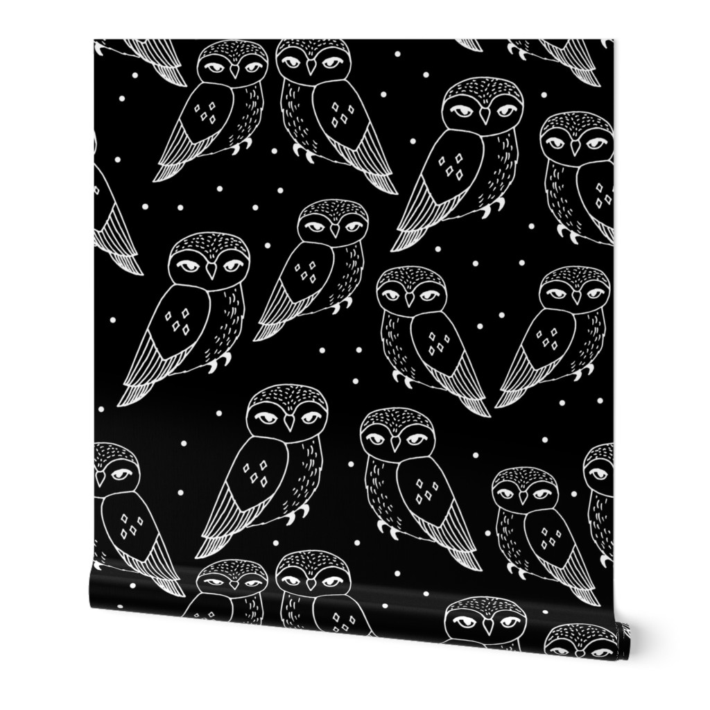 owls // black and white owls hand-drawn owl illustration featuring cute little owl design