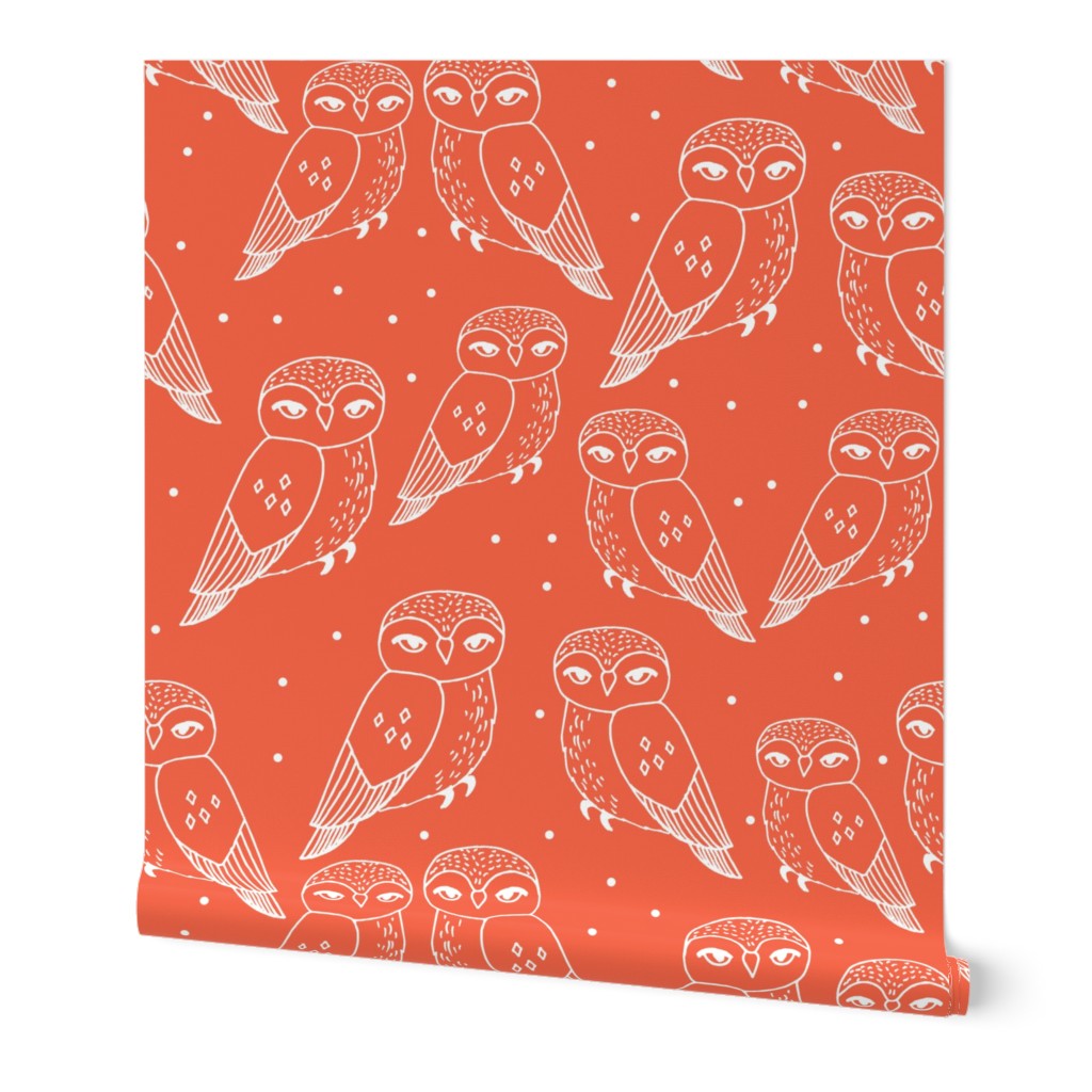 owls // owl bird hand-drawn illustration coral orange seamless repeat pattern