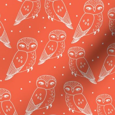 owls // owl bird hand-drawn illustration coral orange seamless repeat pattern