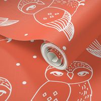 owls // owl bird hand-drawn illustration coral orange seamless repeat pattern