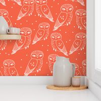 owls // owl bird hand-drawn illustration coral orange seamless repeat pattern