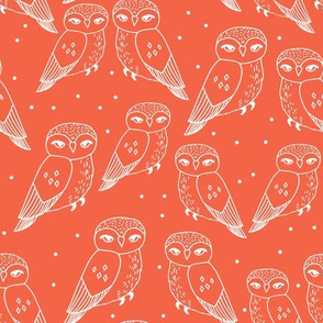 owls // owl bird hand-drawn illustration coral orange seamless repeat pattern