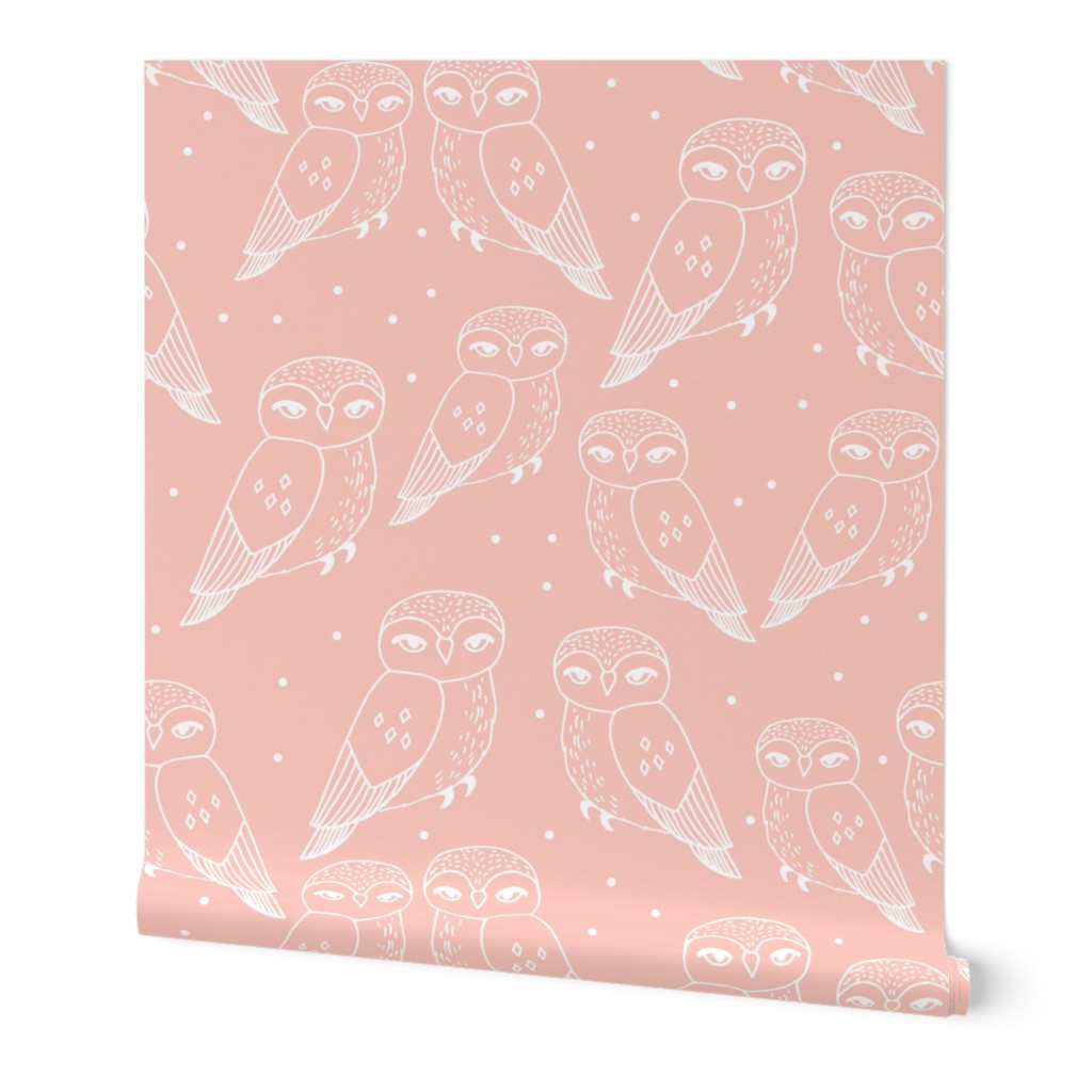 owls // pastel pale pink owls and polka dots by Andrea Lauren