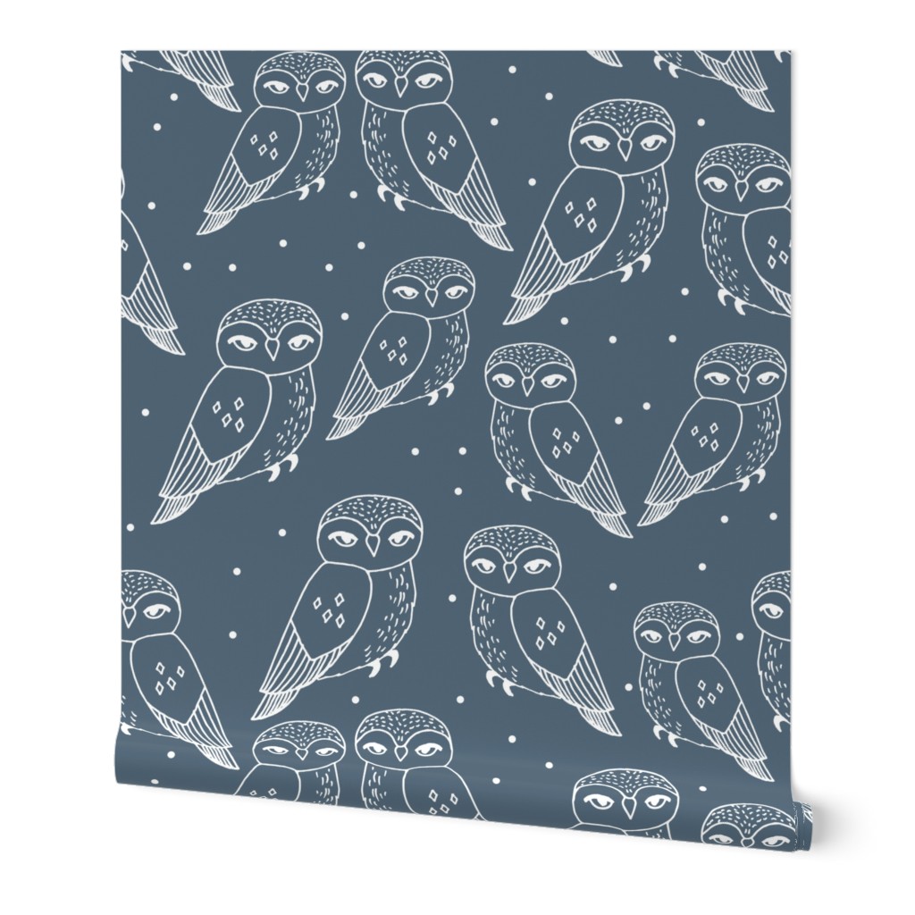 owls // dusty blue payne's grey owls and dots hand-drawn illustration by Andrea Lauren